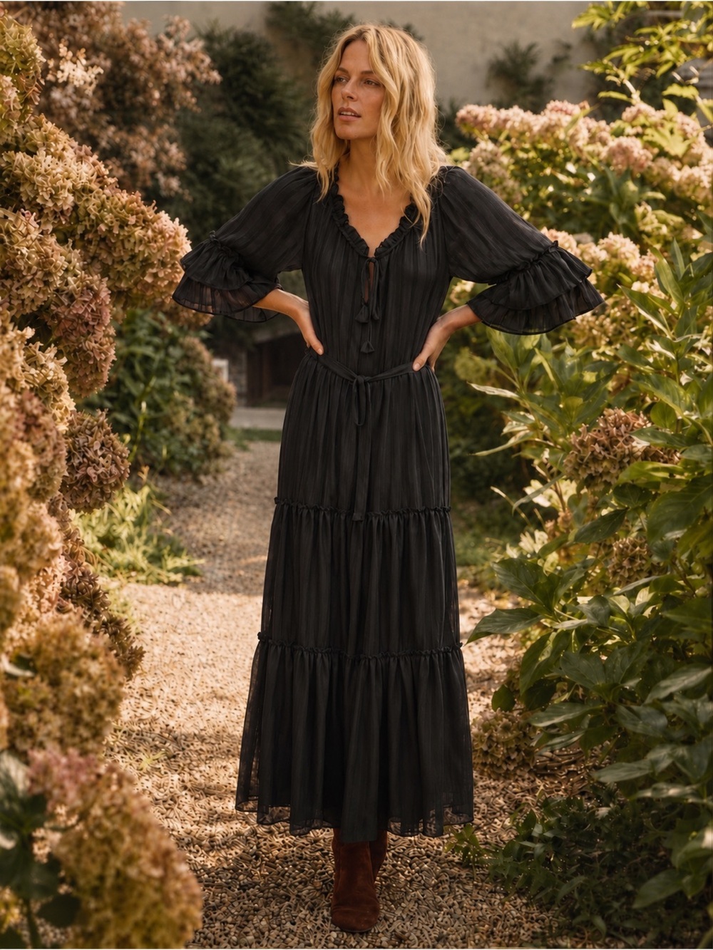 Misa Los Angeles Marcele Tiered Maxi Dress in Black Stripe Chiffon Sz S Boho